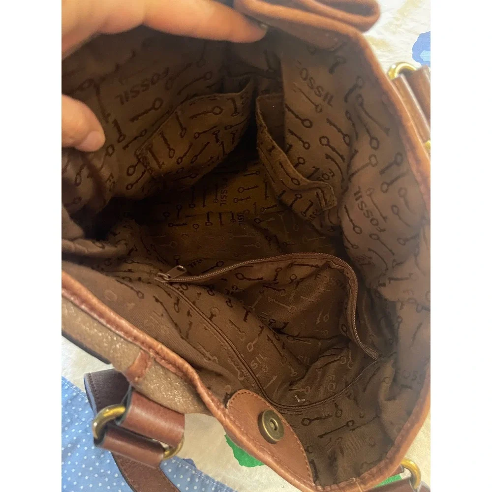 Fossil‎ Long Live Vintage Shiny Canvas Satchel Bag Y2K Brass Key Charm